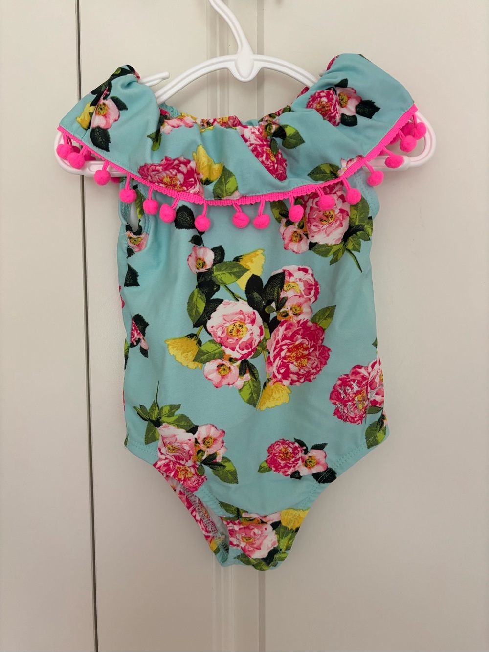 Girls Betsey Johnson floral colorful one piece Pom pom swimsuit 2T. Sf/1 cat hom